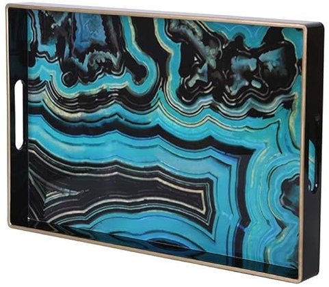 Simmer Stone Decorative Tray, Marbling Plastic With Handles, Rectangular Vanity And Serving For Bathroom, Kitchen, Ottoman And Coffee Table, 15.6” x 10.2” (Agate green)