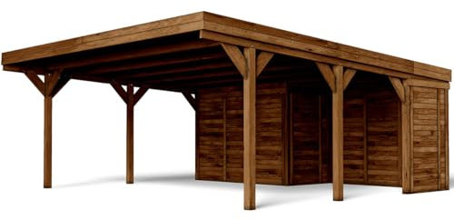Forest Style - Cochera Doble León con Anexo 39 m² (8,06 x 4,82 x 2,57 m) – Madera de Pino Tratada – Techo de Policarbonato – Aparcamiento Cubierto con Almacén – Estructura Robusta y Duradera