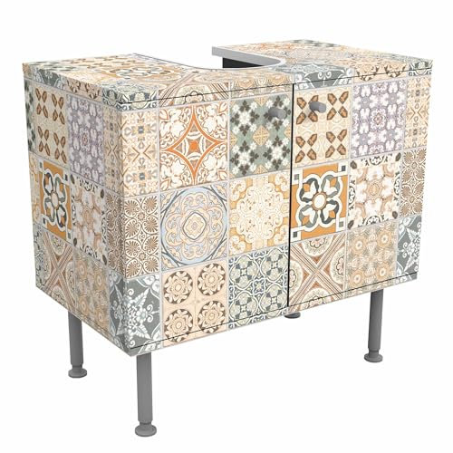micasia Waschbeckenunterschrank 2 Türen Muster höhenverstellbar mit Füßen - 60er Breite - originell Fliesenoptik Unterschrank beige Bad Gäste WC Möbel mit Motiv 1819