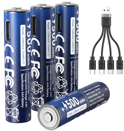 NTONPOWER AAA Lithium Batterien 1,5V USB-C 500mWH Akkus Wiederaufladbare mit Kabel, 4 Stück, für Taschenlampe, Spielzeug, Fernbedienung