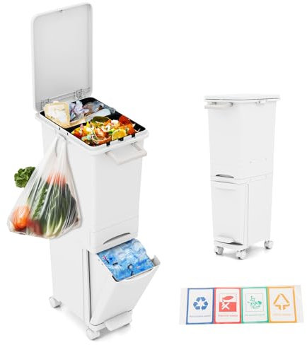 GOPLUS 3 en 1 Poubelle Cuisine sur Roulettes, Poubelle de Tri 32 L avec Couvercle et Tiroir de Rangement Pédale en Plastique pour Cuisine, Salle de Bain,36 x 25 x 84 cm,16+11+3 L (Blanc)
