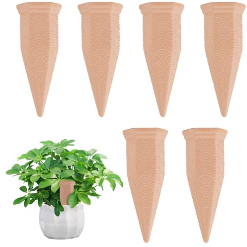 LanQii Cône D'arrosage en Terre Cuite pour Plantes, Lot de 6 Arrosage Bouteille Piquets d'auto-arrosage Automatique, l'eau Goutteurs À Goutte pour Plantes d'intérieur d'extérieur en Vacances