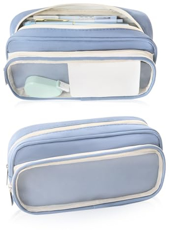 iSuperb Federmäppchen Doppelfach Etui mit Reißverschluss, Große Kapazität Make-up-Tasche Reisetasche, Organisiert Stifte Kosmetik für Schule/Büro/Reise (23x11x6cm) (Blau)