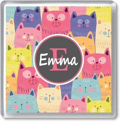 PREZZIFY Personalised Cat Coaster – Custom Name & Initial, Cat Lover Birthday Gift Ideas for Mum Sister Auntie Grandma, 10cm Square