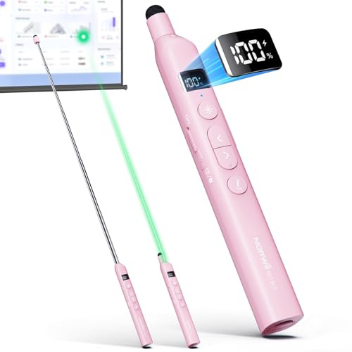 N21 Télécommande Présentation Bluetooth avec Bâton Télescopique PowerPoint | ①Laser Vert②Stylet pour Écran Tactile③Minuteur avec Alerte Vibrante④Bouton Personnalisable⑤Écran LED du Niveau de Batterie