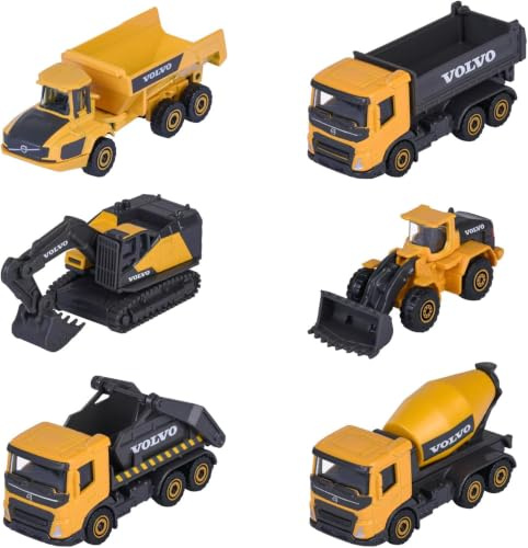 Majorette 3er-Auto-Set Volvo Construction Baustellenfahrzeuge - 3 Baufahrzeuge aus Metall, zufällige Auswahl aus 2 Spielzeugauto-Sets, Baustellen-Spielzeug für Kinder ab 3 Jahre, je 7,5 cm