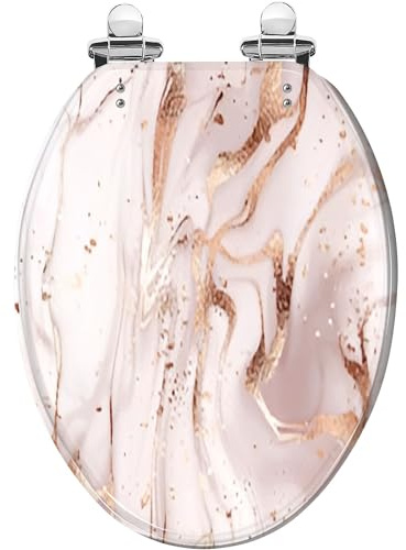 Brown Marble Texture Elongated Toilet Seat, Granite Surface, Stone Resin, Slow Close, Quick-Release Hinges, Easy to Clean - 18.5x14.5