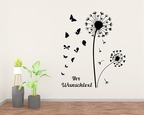Wandtattoo Pusteblume personalisiert – Wunschtext | Löwenzahn Wandaufkleber für Wohnzimmer & Schlafzimmer | 27 Farben • Premium Vinyl • Made in Schweiz • Wandsticker mit Schmetterlingen