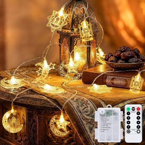 Meision Ramadan Lichterkette Kinderzimmer Lichterkette Batterie Innen mit Timer & Fernbedienung, 3 Meters, 8 Modi, 20LEDs, Ramadan Deko für Esstisch, Fenster, Türvorhang, Warmweiß