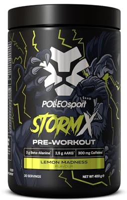 Polleo StormX Pre-Workout – 20 g Pulver pro Portion | Kreatin, Beta-Alanin, Citrullin, AAKG, Taurin | 300 mg Koffein | Mit Lion’s Mane, Vitaminen & Mineralstoffen (400 g, Lemon Madness)