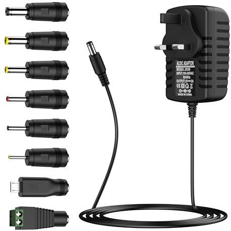 5V 2A Power Supply Adapter,Universal AC to DC Power Adapter 100-240V with 8 Tips DC Plug Adapters AC Charger for LED Strip Lights,Android,TV Box,Speaker and Tablet more 5V Home Appliances (Black)