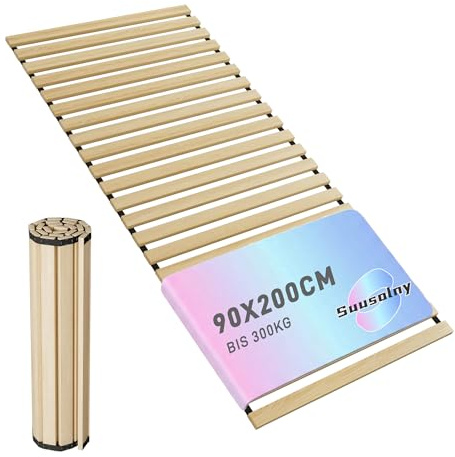 Suusolny Aufrollbarer Lattenrost Rollrost 90x200cm, Mit 23 stabile Holzleisten & Schwarzes Gummiband, Belastbarkeit bis 300KG -S