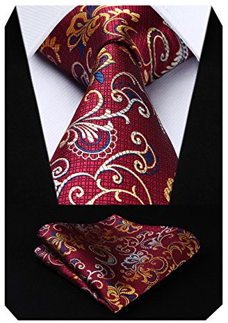 HISDERN Herren Krawatte Paisley Blumen Hochzeit Krawatte & Einstecktuch Set Burgund und Gelb