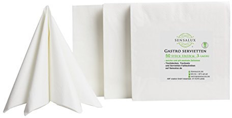 Sensalux Gastro-Servietten, 50 Stück, weiß, 3-lagig 1/4-Falz 33 cm x 33 cm, hochwertige Servietten, ideal für Partys, Hochzeiten, Geburtstage