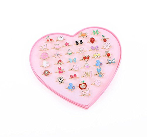 TOYMYTOY Einstellbare Ringe für Kleine Mädchen | Schmuck Ringe mit Herzform Box, 36 Stück