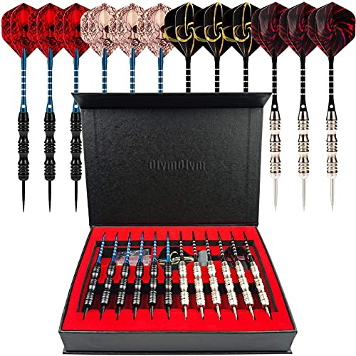 OlymOlym Dartpfeile Steel Dart Pfeile Metallspitze, Steel Darts Set 22g und 21g Dart Flights mit Rutschfesten Aluminium Dart Schaft und Style Flights+Darts Anspitzer+Geschenkbox