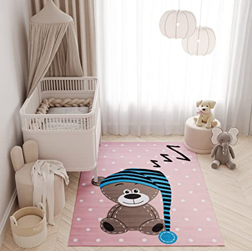 TAPISO Pinky Teppich Kurzflor Rosa Grau Mehrfarbig Modern Teddy Bär Design Kinderzimmer Kinderteppich Spielteppich ÖKOTEX 200 x 300 cm