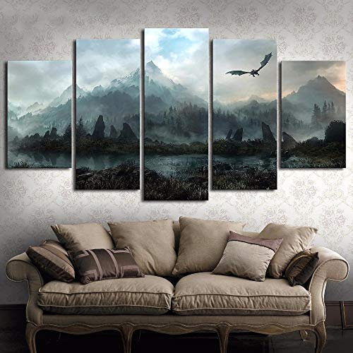 XSHUHANP Kunstdrucke Auf Leinwand Wandkunst Bilder Home Decor 5 Stücke Thrones Drachen Skyrim Gemälde Für Wohnzimmer Modulare Drucke Plakatrahmen