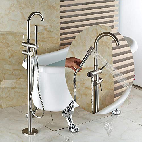Wieoc Messing Freistehende Badezimmerwanne Wasserhahn Hand Duschwanne Füller mit/Hand Dusche Gebürstete Nickel-Finish