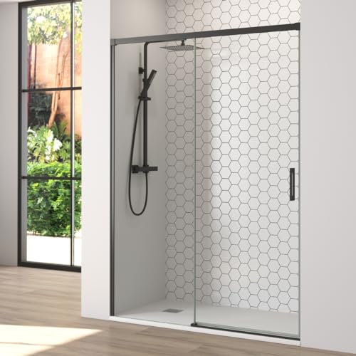 Mampara de Ducha Frontal Corredera 1 puerta Corredera + 1 fijo | Transparente | Cristal templado 6mm Antical | 195cm de Altura | Perfilería color Negro Mate | 150 cm (Adaptable 144-149cm)