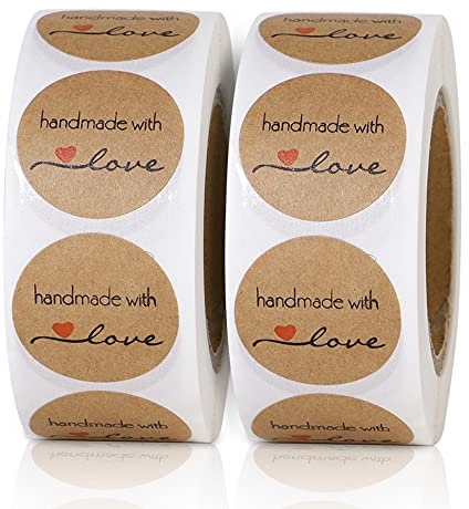 1000 Stück Geschenkanhänger aus Kraftpapier rund natürlich handgefertigt mit Liebe selbstklebend (3 Rollen)