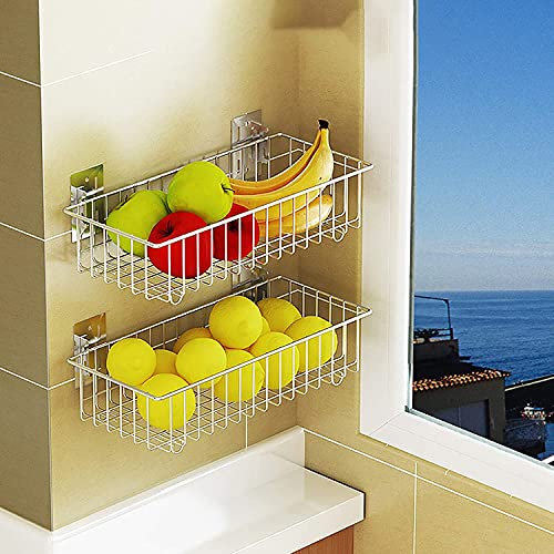 Shulily Montage Mural 304 paniers en Acier Inoxydable Fil for la Cuisine Organisation et Stockage, Suspendre Fruit Basket Lot de 2, Argent