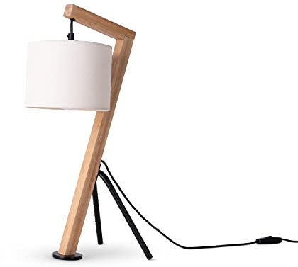 Paco Home Tischlampe Holz Nachttischlampe Schreibtischlampe Retro E27 Fassung Tischleuchte Wohnzimmer Vintage Stoff Lampenschirm Leselampe Modern