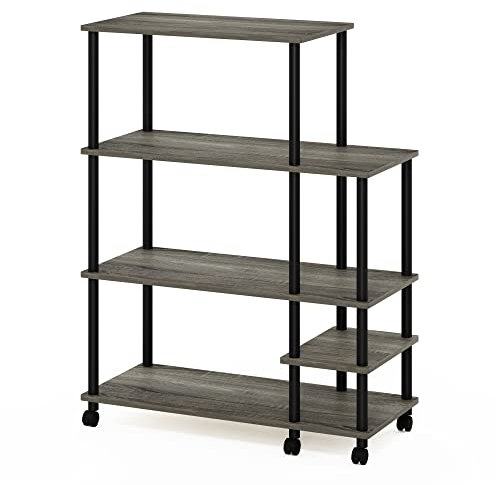 Furinno 21028GYWFBK Chariot de Rangement de Cuisine sans Outil à 4 Niveaux Large, Engineered Wood, Chêne Français Gris/Noir, 39,6 (P) x 89,4 (L) x 117,1 (H) cm