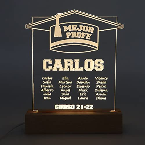 Genérico Lámpara led personalizada con base de madera- MEJOR PROFE BIRRETE. Regalos para profesores. Ideal para regalar en fin de curso. Regalos personalizados y originales para profes.