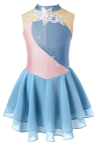 iEFiEL Mädchen Eiskunstlauf Kleid Glitzer Ballettkleid Ärmellos Ballettanzug Ballett Trikot Body mit Strass Wettbewerb Kostüm Gymnastikanzug Yb Grau Blau 134-140