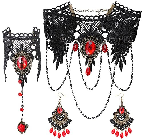 Yolev Gothic Schmuck Halskette Schwarze Spitze Choker Kette Spitzenarmband Tropfenohrringe für Kostümparty Mexican Gothic Kleidung Damen Steampunk Accessoires Choker Halsband