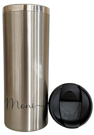 Manufaktur Liebevoll Thermobecher mit Namen | stilvoller Isolierbecher mit Anfangsbuchstaben und Namen I Personalisiertes Geschenk | verschiedene Motive zur Auswahl (Motiv Moni Edelstahl)