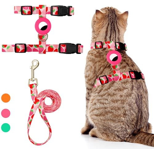 Katzengeschirr und Leine - Ausbruchsicher für Spaziergänge, Reisen, Outdoor - Niedliches Set Mit Airtag-Halterung - Nylon, Verstellbar für Kleine und Große Katzen