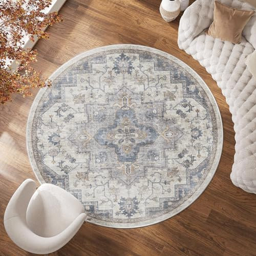 Dripex 120cm Rund Waschbarer Teppich Wohnzimmer,Weich rutschfest Vintage Blumenteppich Kurzflor, Faltbar Orientalischer Flurteppich für Büro, Schlafzimmer(LAPISBLAU)