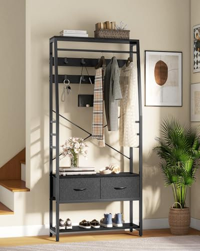 YITAHOME Garderobenregal mit Schuhschrank, freistehender Dielenbaum mit Bank und 2 klappbaren Schubladen, Industriegarderobe mit 8 Haken für Flur Wohnzimmer Schlafzimmer, Metallrahmen, Schwarz