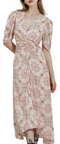 SIXDO Damen 2023 Sommer Midi Kleider Vintage Kaleidoskop Druck Kurzarm V-Ausschnitt Flowy Swing Freizeitkleidung Arbeit Büro, Pink, X-Groß