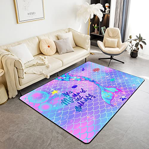 Regenbogen Meerjungfrau Moderne Teppiche Ozean Leben Meer Tier Wohnzimmer Teppiche Kinder Prinzessin Fisch Waagen Dekor Akzent Teppich Girly Pastell Indoor Bodenmatte Wohnzimmerteppich 100x150cm
