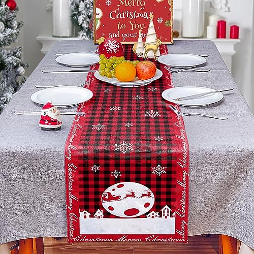 Tischläufer Weihnachten Rot, FUKPO Baumwolle Leinen Weihnachtstischläufer Winter Weihnachtsläufer Tisch Tischdeko, Weihnachts Tischläufer mit Weihnachtsmann Schlitten Schneeflocke Rentier Muster