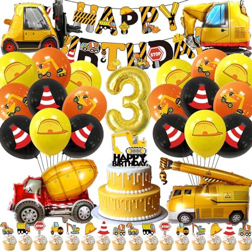 Bagger Geburtstag Deko 3 Jahre, Baustelle Deko Kindergeburtstag 3, Bagger Kindergeburtstag Deko, Bagger Baustelle Luftballons Happy Birthday Banner Tortendeko für BAU Party Dekoration