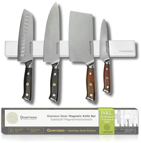 QUINTESSIO - Barre aimantée pour couteaux - Barre magnetique en acier inox 40 cm - Support couteau de cuisine - Aimant couteau mural - Barre aimantée porte couteaux - Porte couteaux aimanté - blanc
