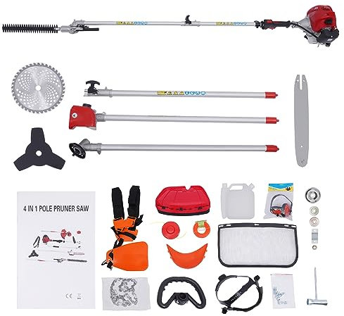 4-in-1 Benzin Heckenschere, 2-Takt-Motor 51,7ccm Hochentaster Kettensäge, 1.4KW 6500rpm Rasentrimmer Benzin Trimmer, für Schneiden und Sägen