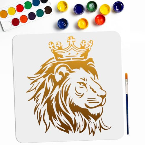MAYJOYDIY Crown Lion King Stencil 30×30cm Large Lion Head Stencil with Paint Brush Royal African Wild Animal Drawing Template for Wood Walls Canvas Furniture Crafts Art Projects
