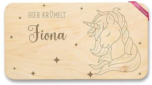 Frühstücksbrettchen Holz Natur - Einhörner - Hier krümelt Name | Einhornkopf Einhorn Mädchen Geschenke Kinder - 22x12 - Holz - kinderbrettchen personalisiertes brettchen unicorn krümelt￼