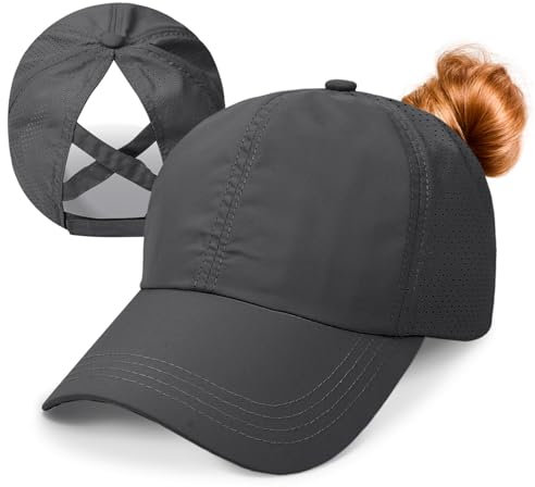 Baseball Cap Damen Kappe Sommer Basecap Pferdeschwanz, Verstellbar Frauen Ponytail Cap Baseballmütze Mesh Atmungsaktiv Sonnenhut Freizeit Kappe mit Zopfloch Outdoor Sports Kreuz Dunkelgrau