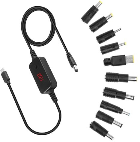 USB C to DC Adapter, 10Pcs Power Plug Kit Type C to DC5521 Laptop Power Cable, Adjustable Voltage Universal Charging Power Supply with Digital Display for Laptops, Routers, Printers
