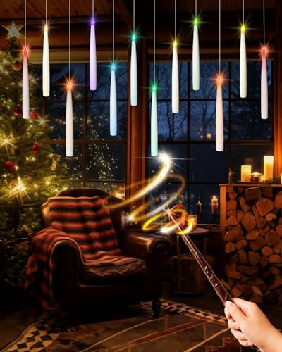 TobeBright Floating Candles with Magic Wand Remote,12PCS Color Changing Hanging Battery Powered Flameless LED Magic Candles for Halloween Christmas Party Decorations(Battery Not Included)