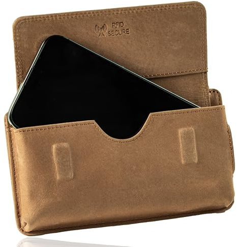 MATADOR 2in1 Echtleder Handy Tasche mit Reißverschlussfach #Brisbane, mit edler Geschenkbox und RFID Schutz, Elegante Handygürteltaschen für Smartphone bis 6,9 Zoll in Braun Hell