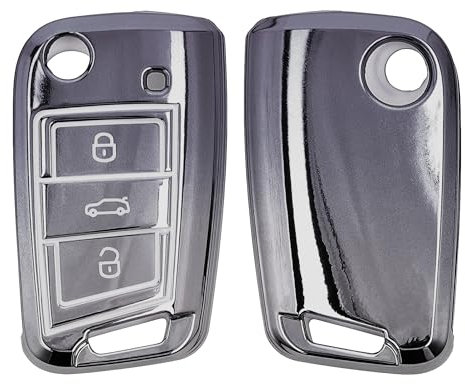kwmobile Key Cover Compatible with VW Golf 7 MK7 3 Button Car Key - Soft TPU Car Key Fob Protector Case - Dark Grey/Silver