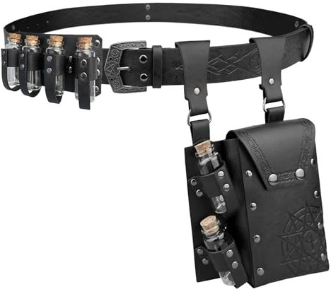 EpicCos 3 PCs Medieval Alchemy Belt Waist Pack Combo mit Mehreren Trank Flaschen, Wikinger Niet Gürtel Seitentasche für Cosplay (Schwarz D)