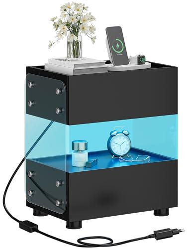 YITAHOME Nachttisch mit 2 Schubladen, schwebender Nachttisch mit 7-Farbiger LED-Lichtleiste, moderner Akzent-Beistelltisch mit mattiertem gehärtetem Glas für Schlafzimmer und Wohnzimmer, Schwarz